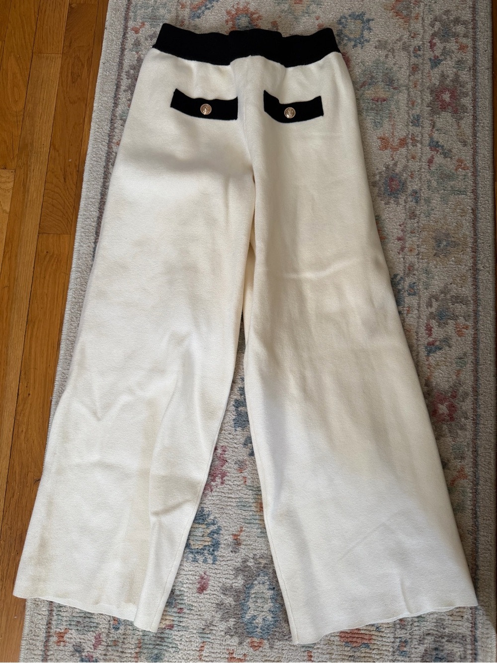 Sezane Cream Wide-Leg Knit Pants with Black Accents